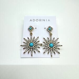NEW Adornia Turquoise Swarovski Crystals Starburst Earrings 14K Gold Plated